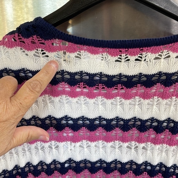 Alfred Dunner Crochet Striped raspberry blue & white open Cardigan Long Sleeve M - Picture 8 of 14